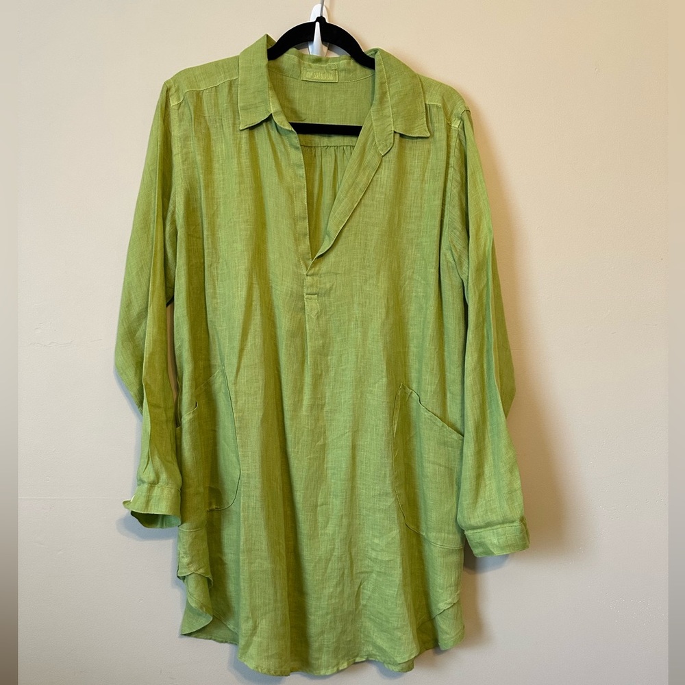 CP Shades Teton Linen Shirt Green V Neck Pockets Lagenlook Layers Drapey Small